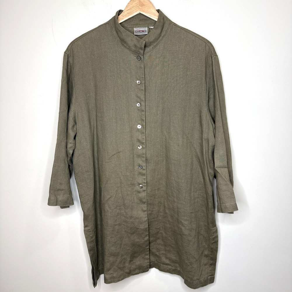 Chicos 100% Linen Button Up Tunic Top L Green‎ Band Collar Sustainable Lagenlook